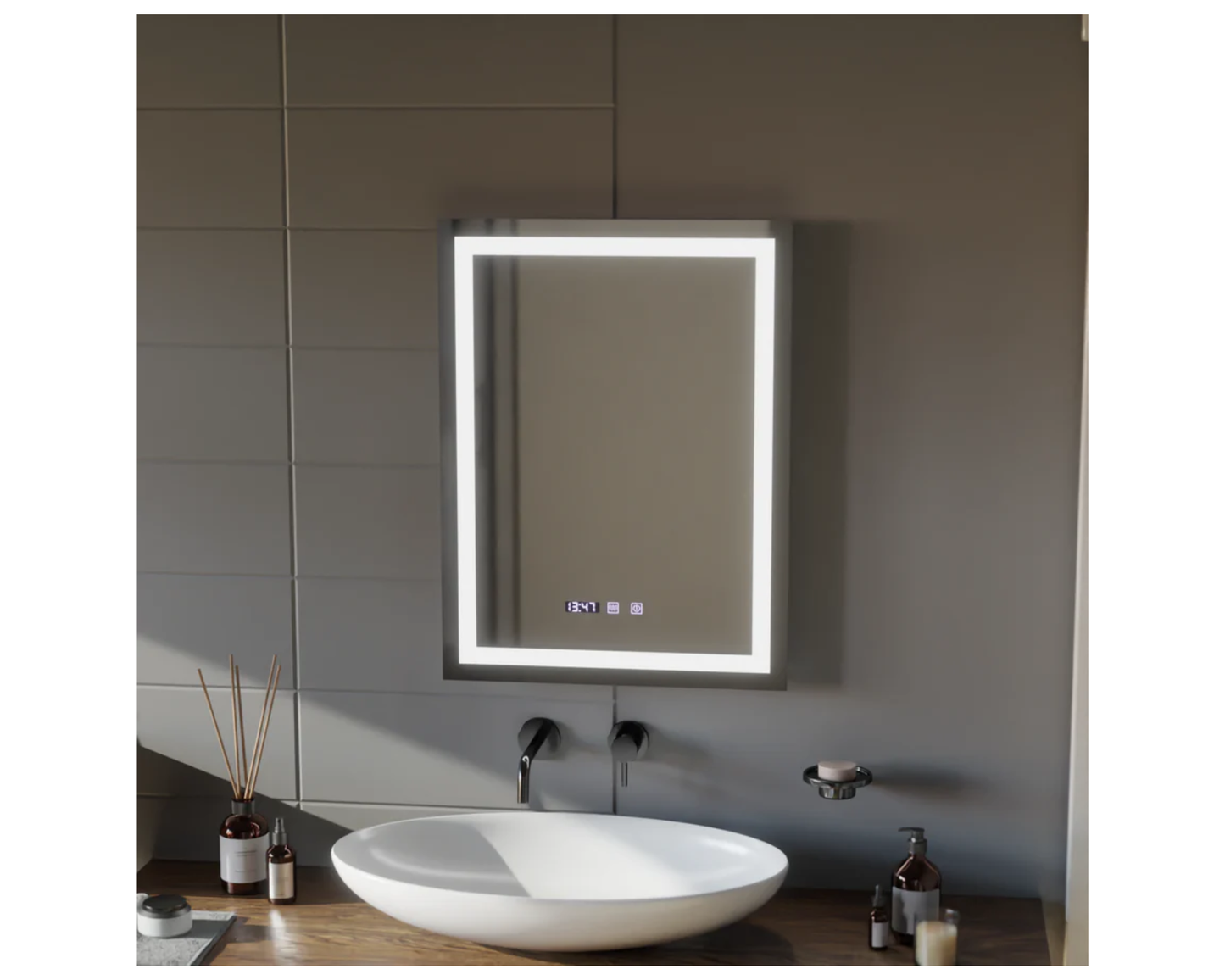 Oglinda Led Dreptunghiulara, cu Functie Dezaburire si Sistem Touch, Ceas si Termometru W09/60x80cm