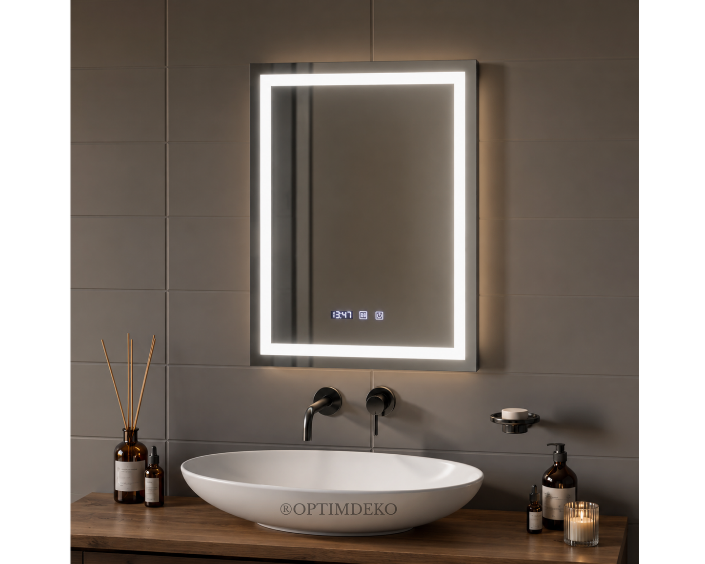 Oglinda Led Dreptunghiulara, cu Functie Dezaburire si Sistem Touch, Ceas si Termometru S09/60x80cm