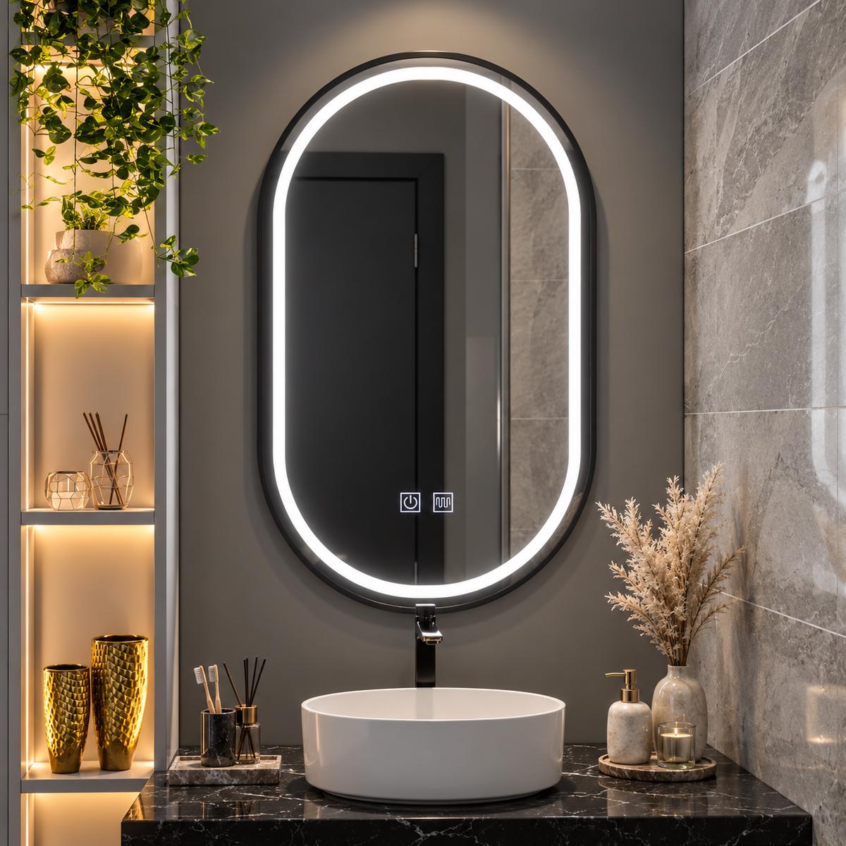 Oglinda LED din Colectia Marcello Funghi Ovala, cu Rama Neagra, si Functie Dezaburire, Dimabila, Sistem Touch, model E15/50x80cm