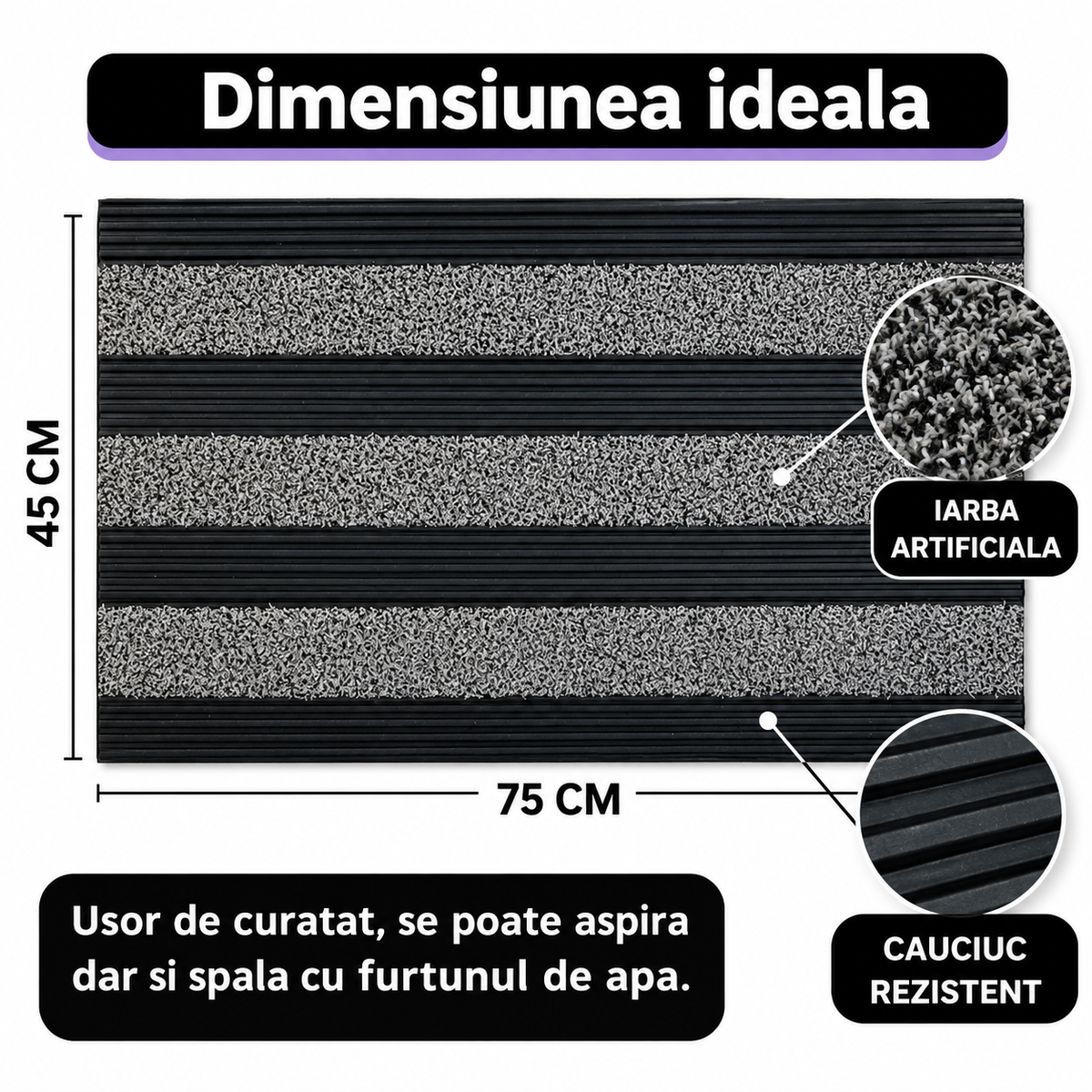 Covoras intrare cauciuc si polietilena antiderapant, gri, DM06 - 75x45 cm