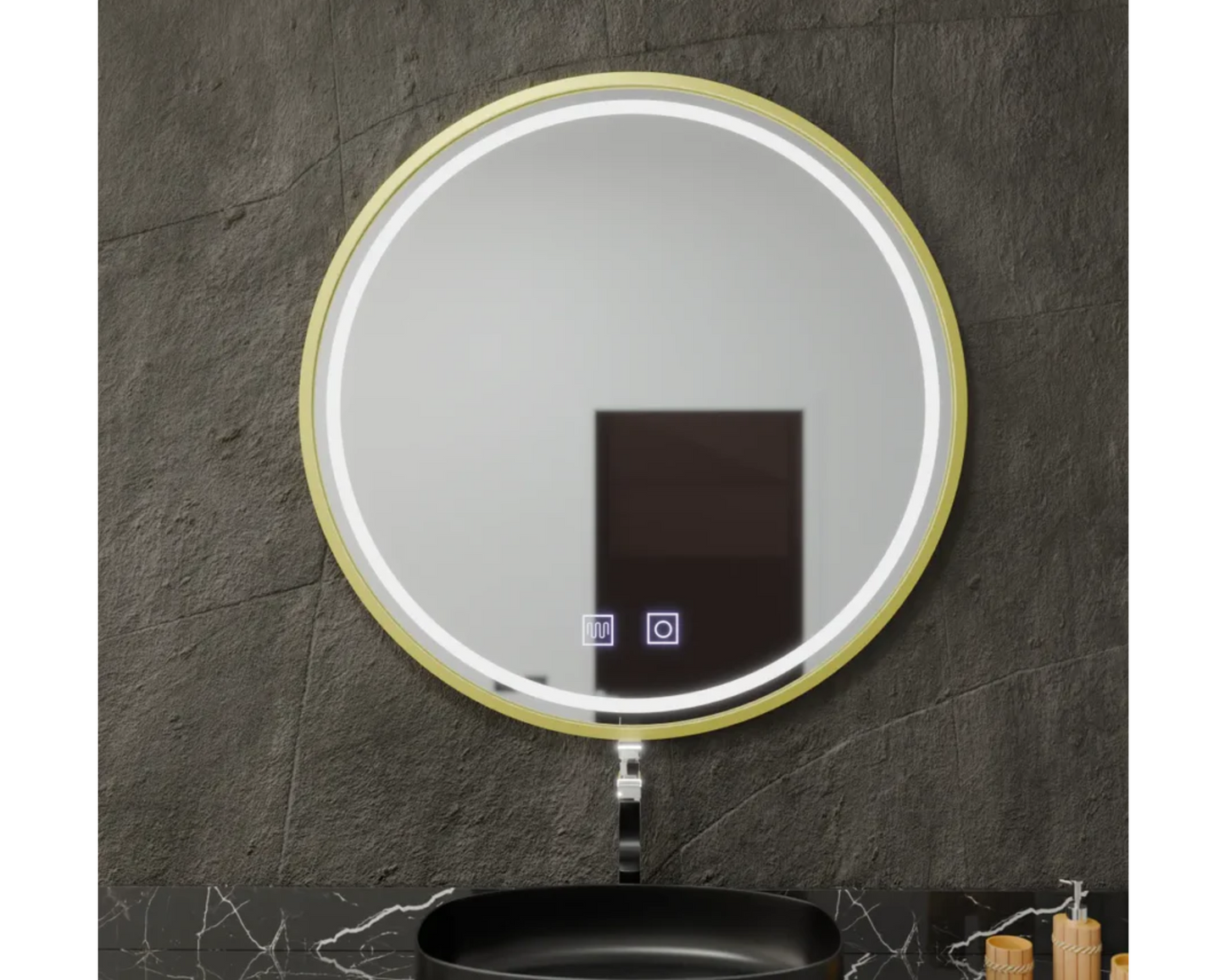 Oglinda LED Rotunda Anitta, din Colectia Marcello Funghi, cu Functie Dezaburire si Sistem Touch, Auriu Gold E04 70x70cm