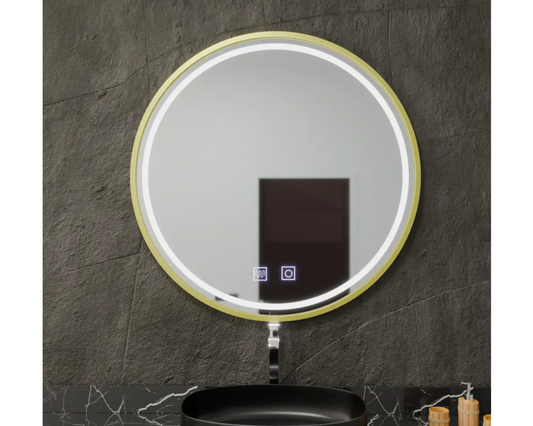 Oglinda LED Rotunda Anitta, din Colectia Marcello Funghi, cu Functie Dezaburire si Sistem Touch, Auriu Gold E04 70x70cm