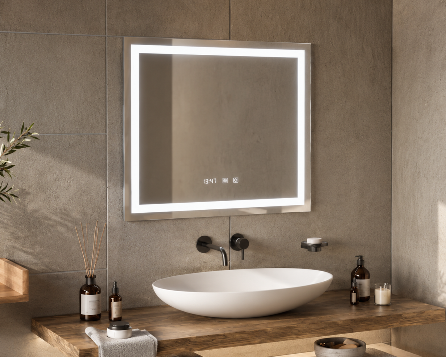 Oglinda Led Dreptunghiulara, cu Functie Dezaburire si Sistem Touch, Ceas si Termometru 80x60 cm