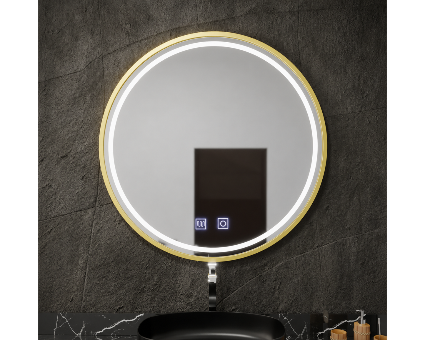 Oglinda LED Rotunda cu Functie Dezaburire si Sistem Touch, Auriu Periat E04/70x70cm