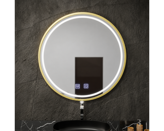 Oglinda LED Rotunda cu Functie Dezaburire si Sistem Touch, Auriu Periat E04/70x70cm