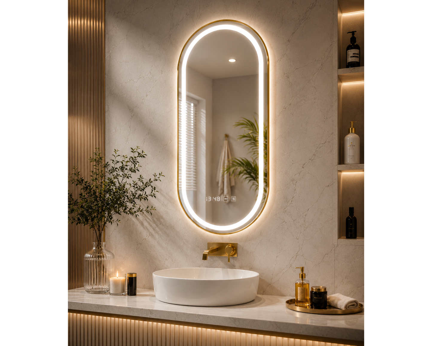 Oglindă LED Ovală W25/50x80 cm Roven MotionGlow cu Funcție Dezaburire, Ceas, Termometru și Iluminare LED Dimabilă, Ramă Aurie