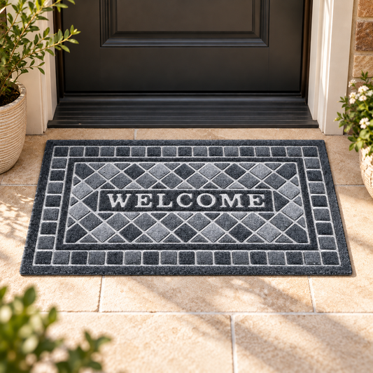 Covoras de intrare WELCOME, ®OPTIMDEKO, antiderapant, rezistent si decorativ, 75 x 43 cm, gri inchis