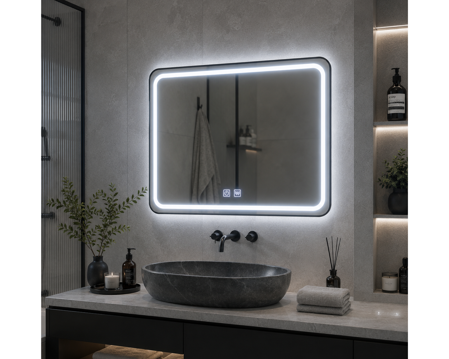 Oglinda LED Touch, Rama Neagra si Dezaburire, E03/80x60 cm, Colectia Korman Technik