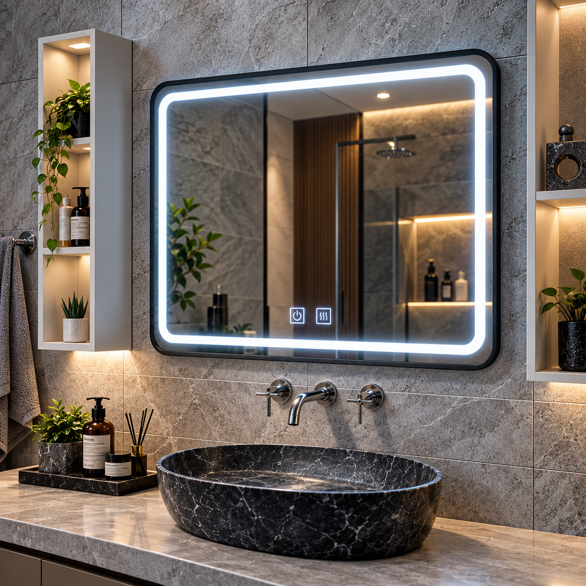 Oglinda LED Touch, Rama Neagra si Dezaburire, E03/80x60 cm, Colectia Korman Technik