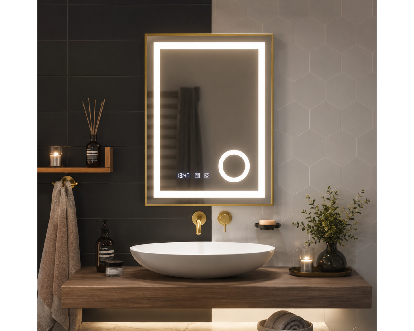 Oglindă LED Touch S81/60x80 cm cu Funcție Dezaburire, Ceas, Termometru, Lupă Cosmetică și Ramă Auriu Brushed – Colecția Korman, model Clarus