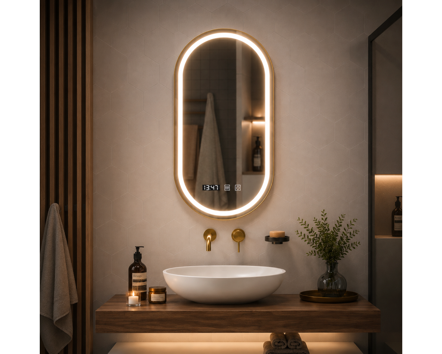 Oglindă LED Touch 50x80 cm cu Funcție Dezaburire, Ceas, Termometru și Ramă Auriu Brushed – Colecția Korman, model Konrad