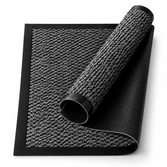 Covoras de Intrare ®OPTIMDEKO, 90x60 cm, Antiderapant, Absorbant si Antimurdarie, Baza din Cauciuc, Rezistent, pentru Interior si Exterior, Gri Deschis cu Negru
