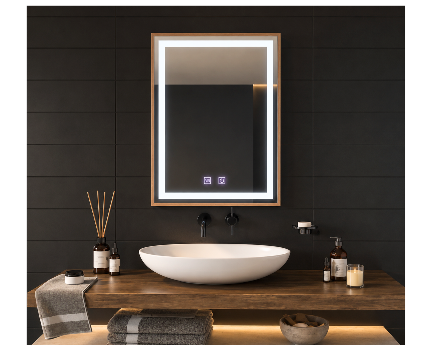 Oglinda LED Colectia Korman Technik Dreptunghiulara, cu Functie Dezaburire si Sistem Touch, Rama Aurie, model E10/60x80cm