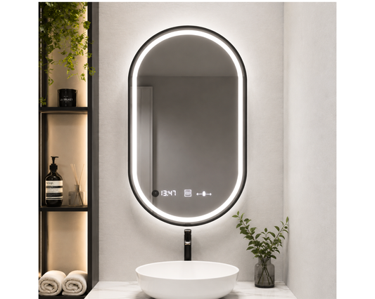 Oglindă LED Ovală W15/50x80 cm Alessia MotionGlow cu Funcție Dezaburire, Ceas, Termometru și Iluminare LED Dimabilă