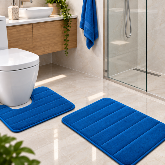 Covorase de Baie ®OPTIMDEKO, Spuma cu Memorie, 80x50 cm + 50x40 cm, Suprafata Moale si Absorbanta, Antiderapante, Lavabile, pentru Baie si WC, Albastru