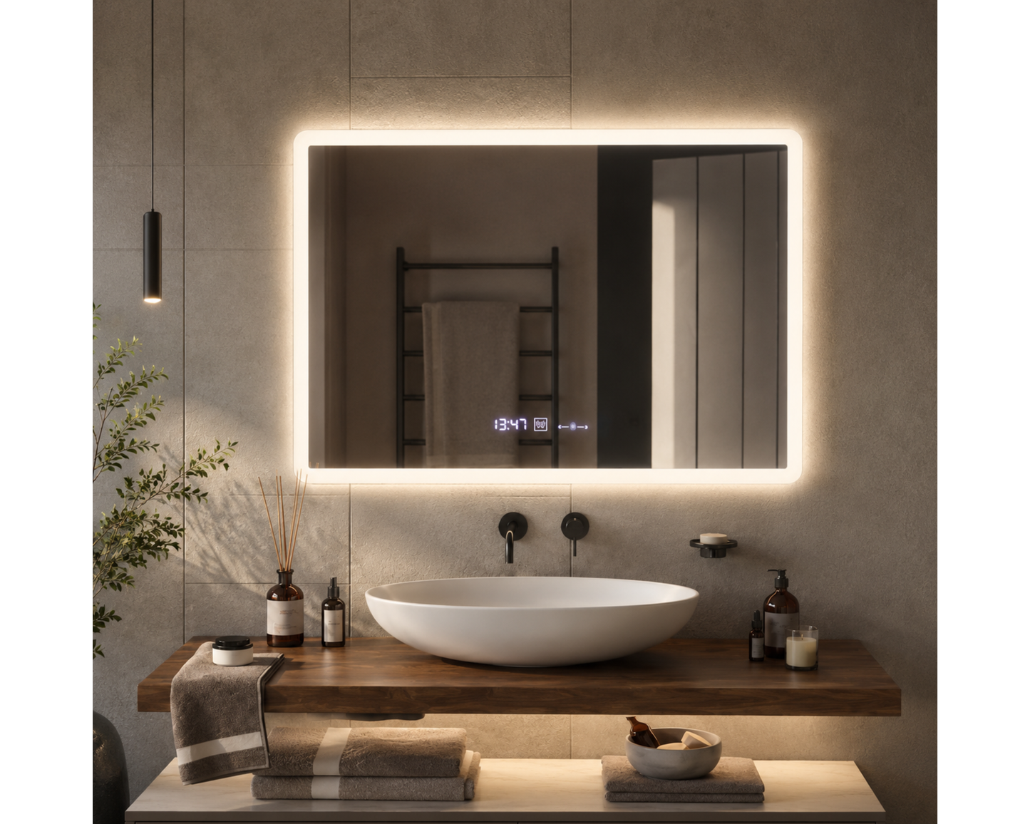 Oglinda LED Colectia Marcello Funghi Dreptunghiulara cu Functie Dezaburire si Sistem Touch, Ceas si Termometru, W21/80x60cm