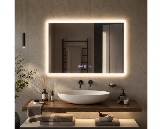 Oglinda LED Colectia Marcello Funghi Dreptunghiulara cu Functie Dezaburire si Sistem Touch, Ceas si Termometru, W21/80x60cm