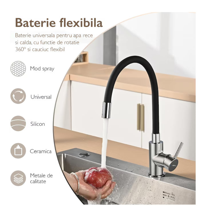 Baterie Chiuveta Bucatarie ®OPTIMDEKO, Flexibila, Inox, Pipa Inalta, Cartus Ceramic, Monocomanda, Racorduri Incluse, Acoperita Silicon, Rotativa, Alb