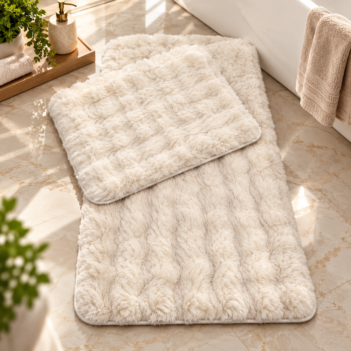 Set Covorase de Baie Ultra Pufoase si Antiderapante, 100x60 + 60x50 cm, Confort Premium, Alb Pufos
