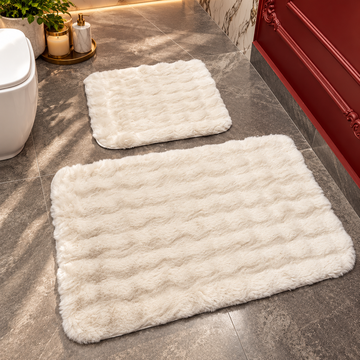 Set Covorase de Baie Ultra Pufoase si Antiderapante, 100x60 + 60x50 cm, Confort Premium, Alb Pufos