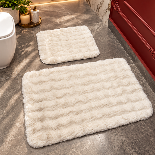Set Covorase de Baie Ultra Pufoase si Antiderapante, 100x60 + 60x50 cm, Confort Premium, Alb Pufos