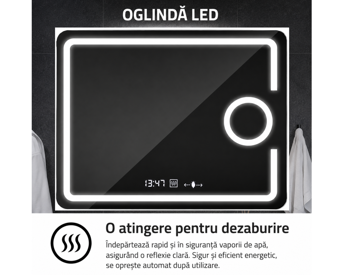Oglinda LED Dreptunghiulara, cu Functie Dezaburire, Lupa Cosmetica si Sistem Touch, Colectia Marcello Funghi, W05 80x60cm