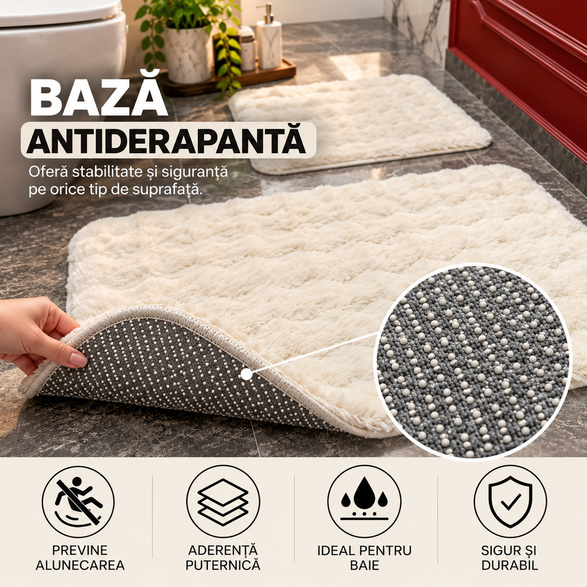 Set Covorase de Baie Ultra Pufoase si Antiderapante, 100x60 + 60x50 cm, Confort Premium, Alb Pufos