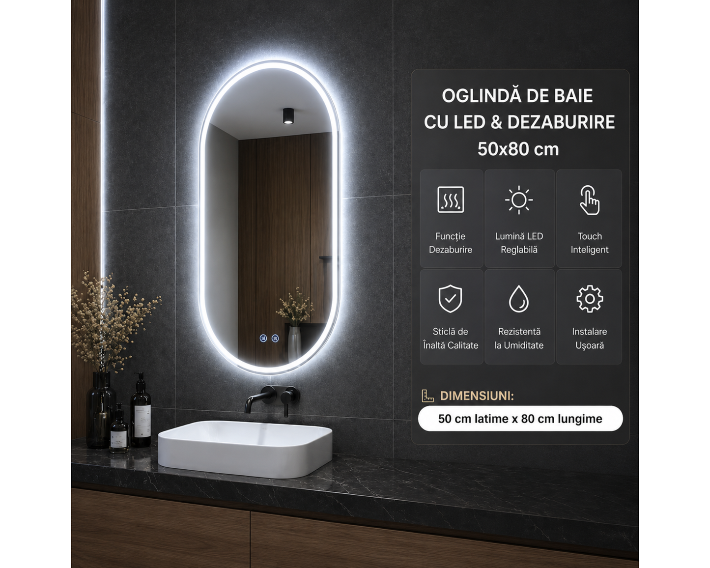 Oglinda LED din Colectia Marcello Funghi Ovala, cu Functie Dezaburire, Dimabila, Sistem Touch, model E06/50x80cm