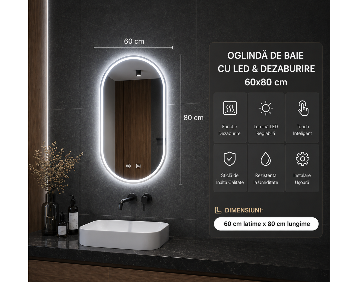 Oglinda LED din Colectia Marcello Funghi Ovala, cu Functie Dezaburire, Dimabila, Sistem Touch, model E06/60x80cm