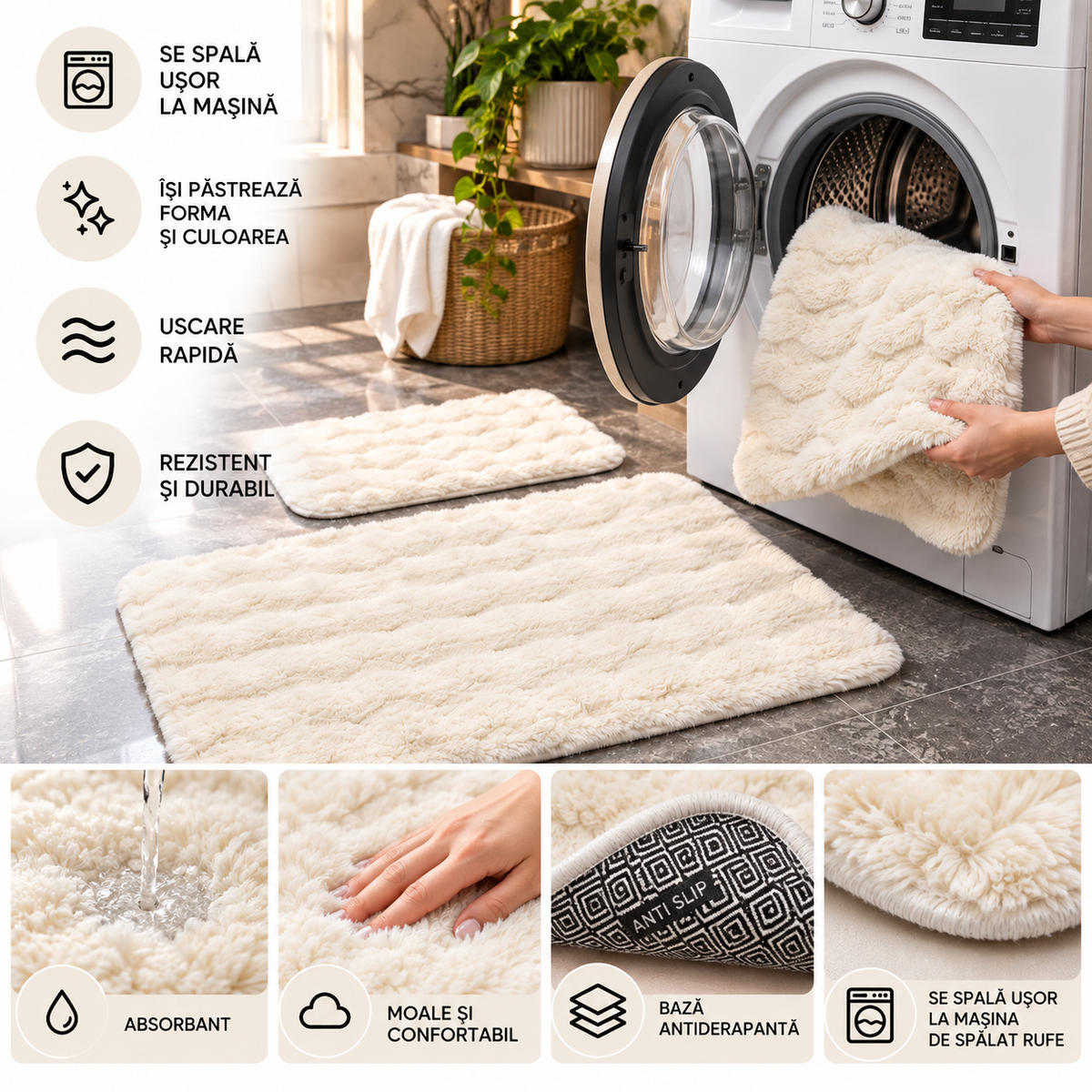 Set Covorase de Baie Ultra Pufoase si Antiderapante, 100x60 + 60x50 cm, Confort Premium, Alb Pufos