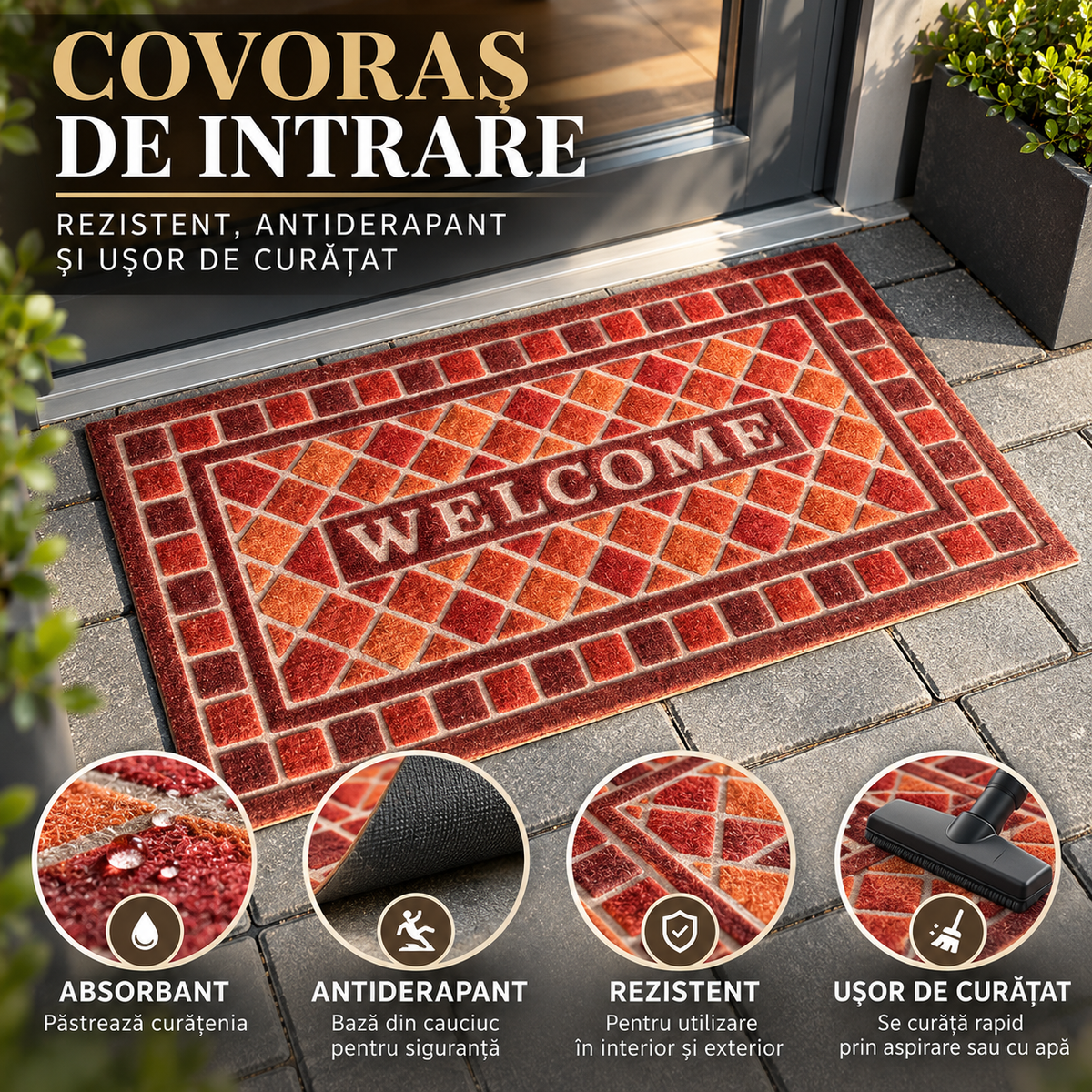 Covoras de intrare Welcome, OPTIM DEKO, polipropilena, antiderapant, 75 x 43 cm, multicolor