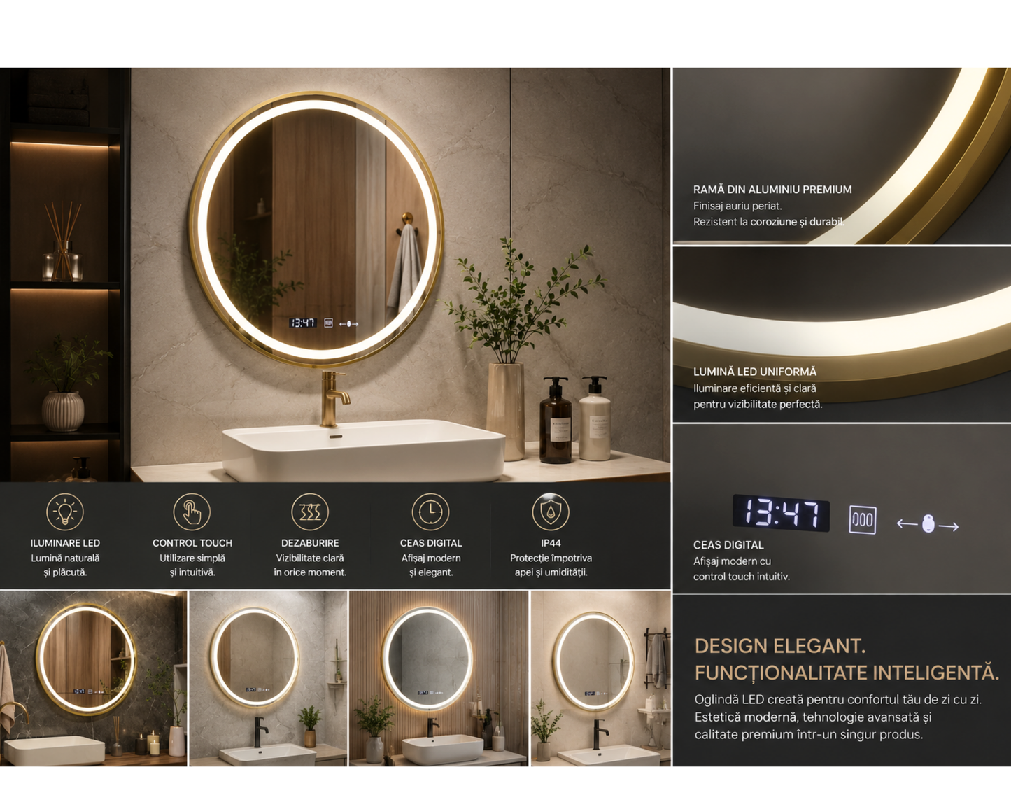 Oglinda LED Touch 100x100 cm Functie Dezaburire Rama Aurie Colectia Marcello Funghi, W04/100x100 cm