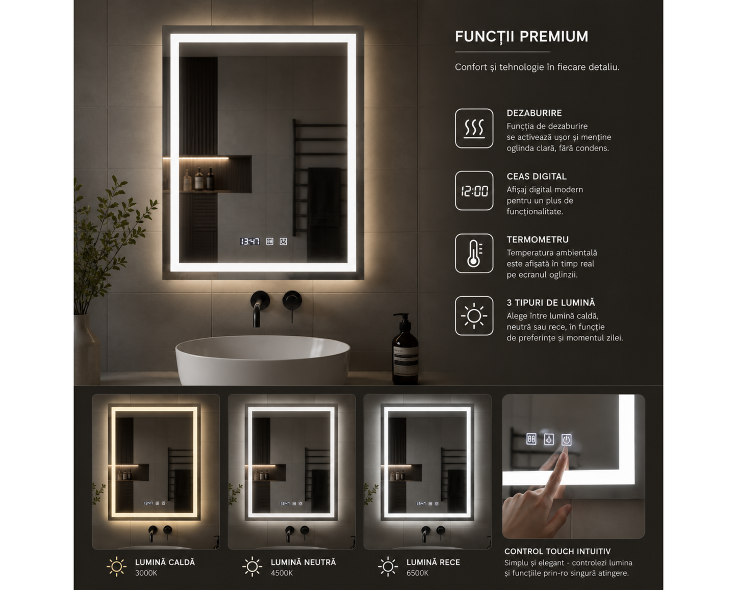 Oglinda LED Colectia Marcello Funghi Dreptunghiulara, cu Functie Dezaburire, Afisaj Ceas Electronic, si Sistem Touch