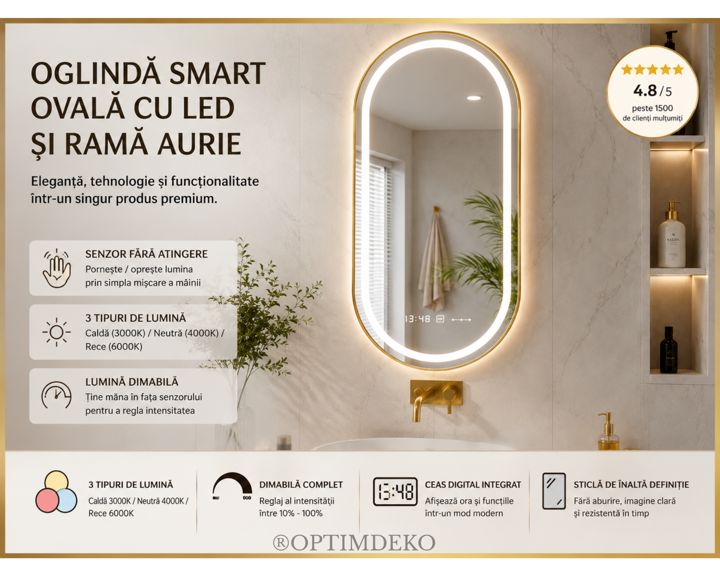 Oglindă LED Ovală W25/50x80 cm Roven MotionGlow cu Funcție Dezaburire, Ceas, Termometru și Iluminare LED Dimabilă, Ramă Aurie
