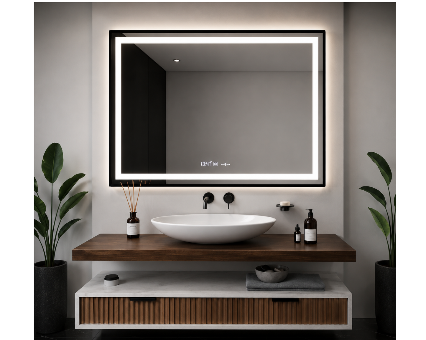 Oglinda LED Dreptunghiulara, cu Functie Dezaburire si Sistem Touch, Neagra, Colectia Marcello Funghi W03/120x80cm