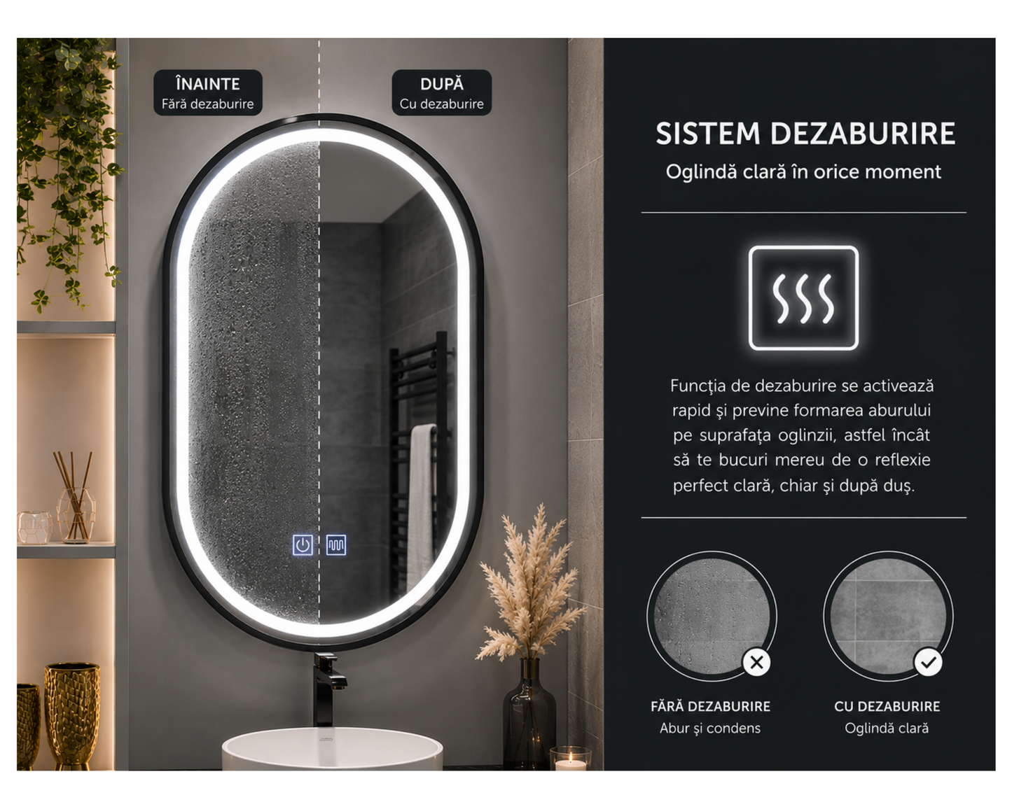 Oglindă LED Touch 50x90 cm cu Funcție Dezaburire, Ceas, Termometru și Ramă Negru Brushed – Colecția Marcello Funghi, model Helmut