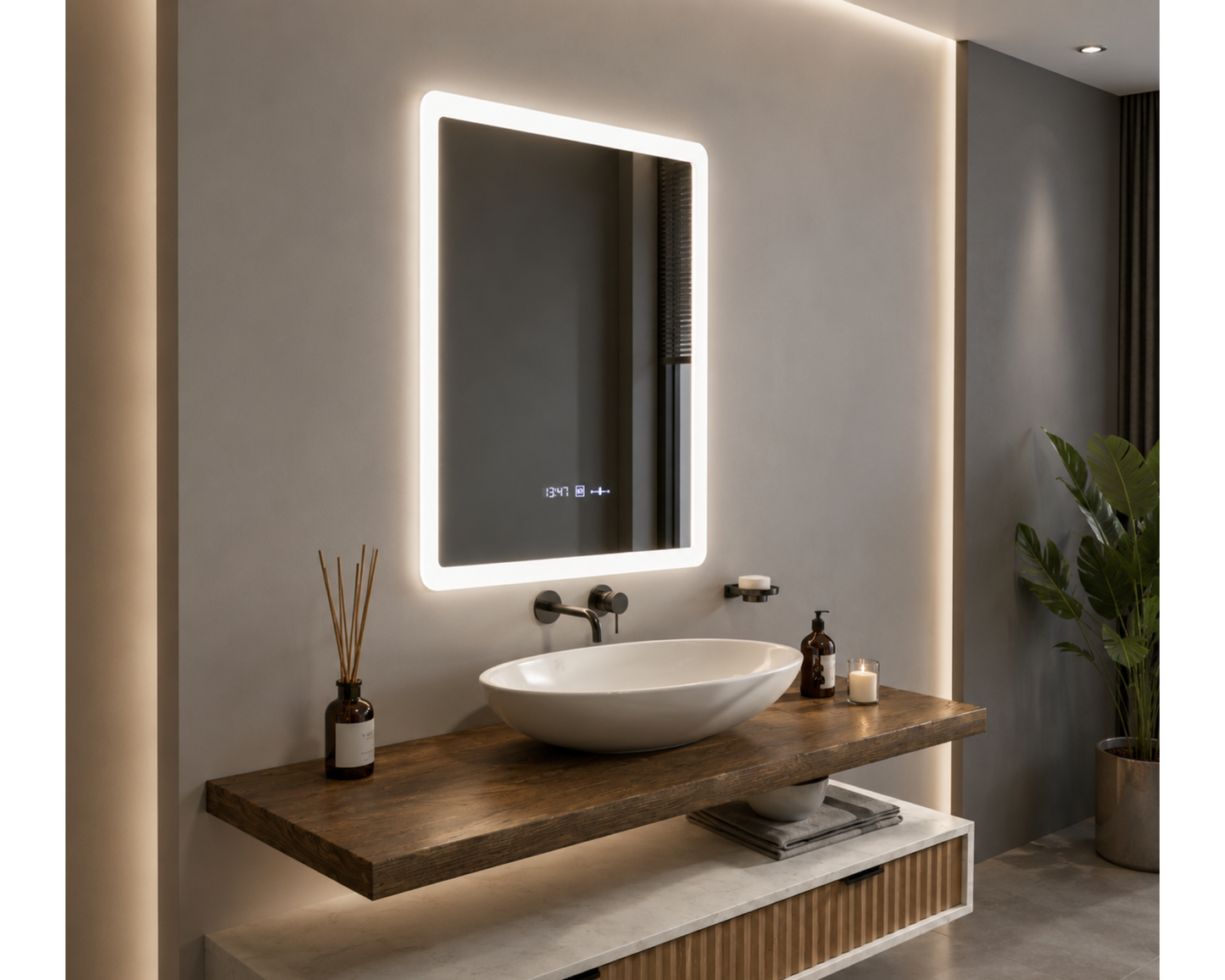 Oglindă LED Dreptunghiulară W21/60x80 cm MotionGlow cu Funcție Dezaburire, Ceas, Termometru și Iluminare LED Dimabilă