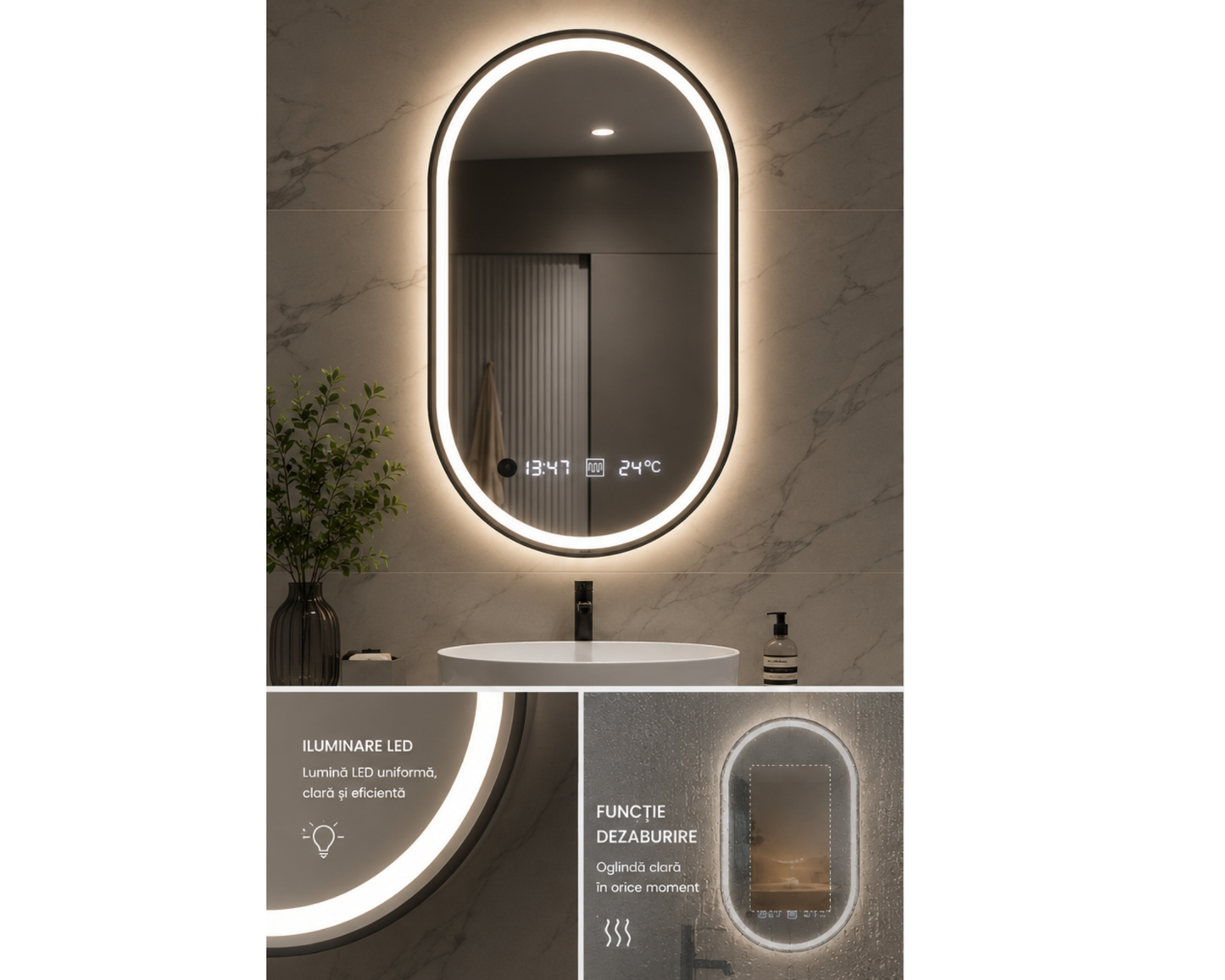 Oglindă LED Ovală W15/50x80 cm Alessia MotionGlow cu Funcție Dezaburire, Ceas, Termometru și Iluminare LED Dimabilă