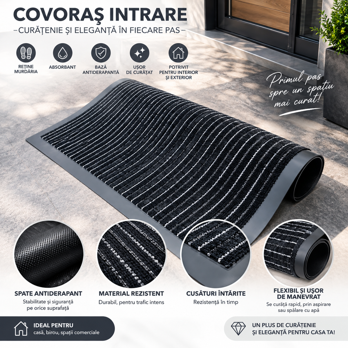 Covoras de Intrare OPTIMDEKO, 60 x 40 cm, Antiderapant, Absorbant si Antimurdarie, Baza din Cauciuc, Rezistent, pentru Interior si Exterior, Gri & Negru
