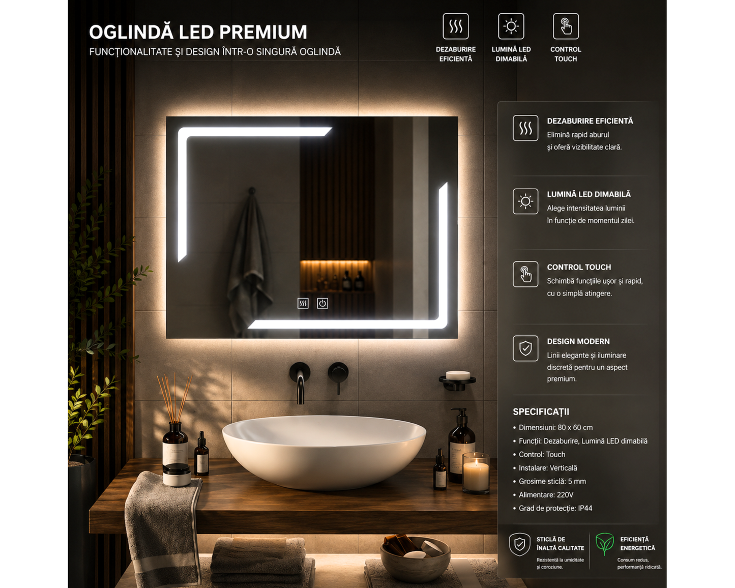 Oglinda Led Dreptunghiulara Touch, cu Functie Dezaburire E38/80x60cm
