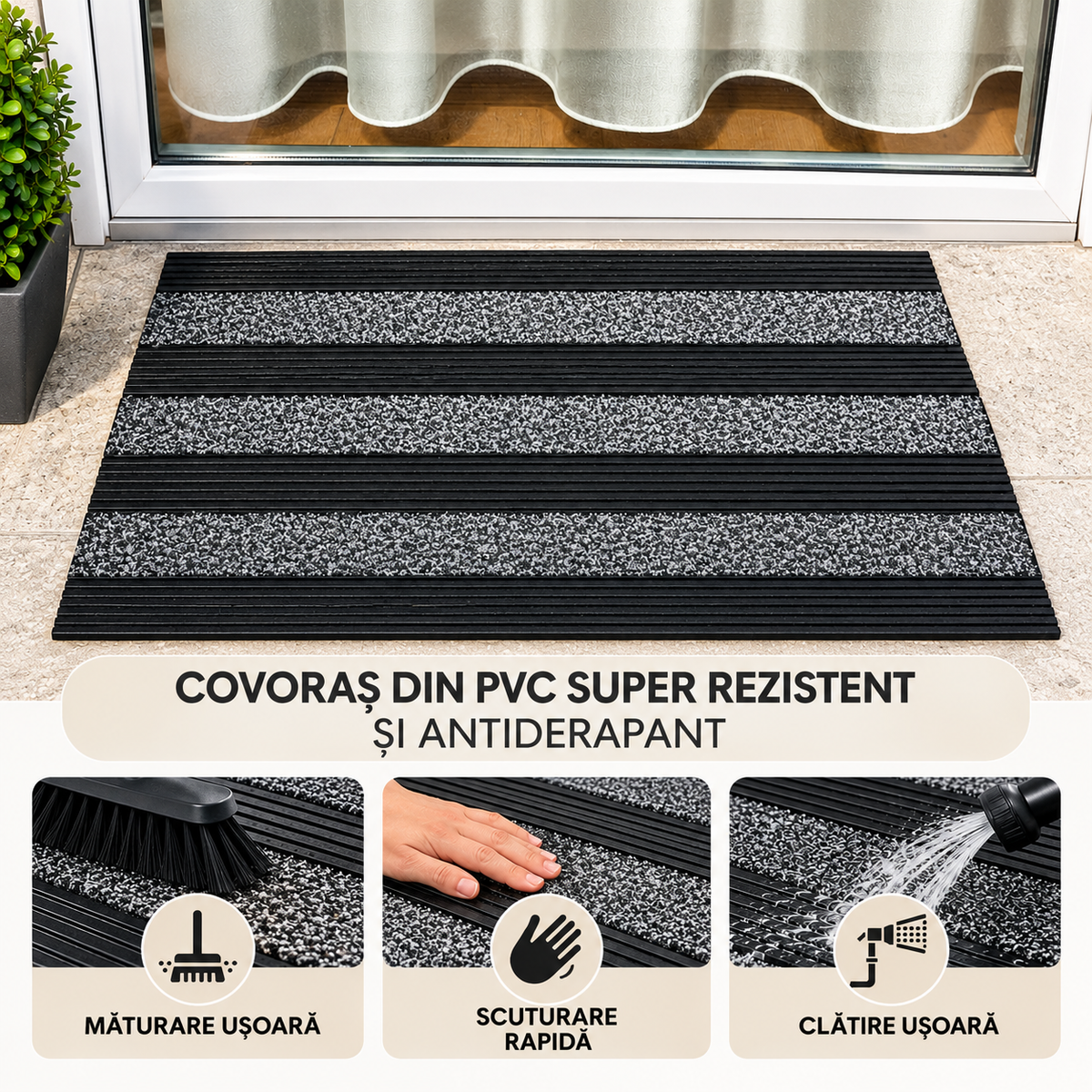 Covoras intrare cauciuc si polietilena antiderapant, gri, DM06 - 75x45 cm