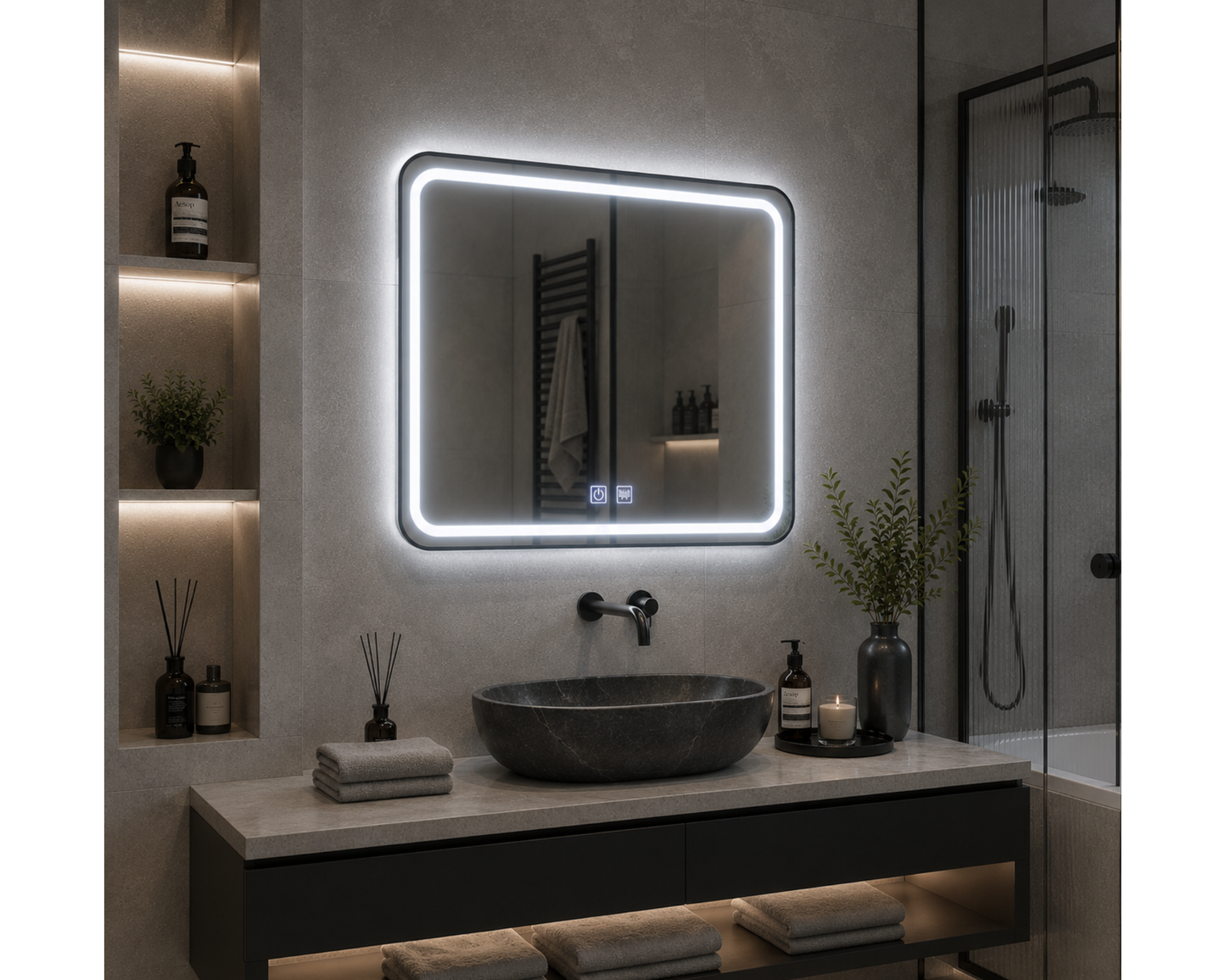 Oglinda LED Touch, Rama Neagra si Dezaburire, E03/80x60 cm, Colectia Korman Technik