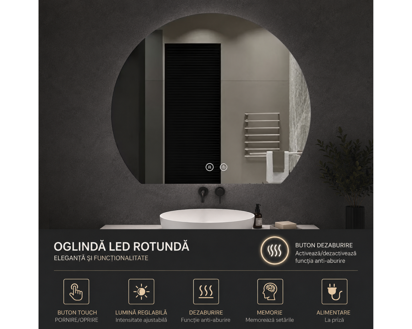 Oglindă LED Semilună  E52/54x60 cm Arcana Touch cu Funcție Dezaburire și Iluminare LED Dimabilă
