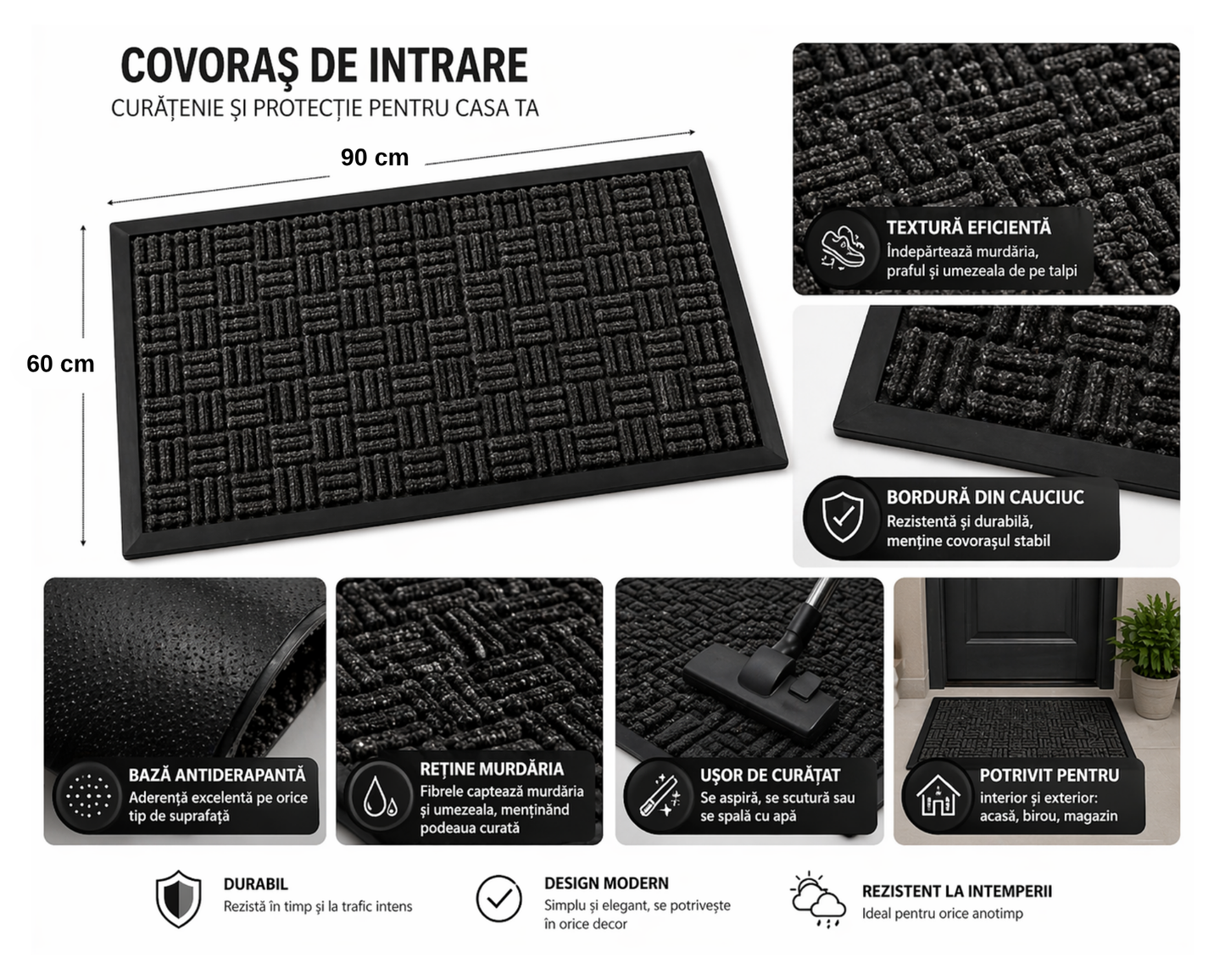 Covoras intrare gri 90x60 cm, ®OPTIMDEKO, antiderapant, rezistent, absorbtie murdarie si apa, interior/exterior, CR013 GRI