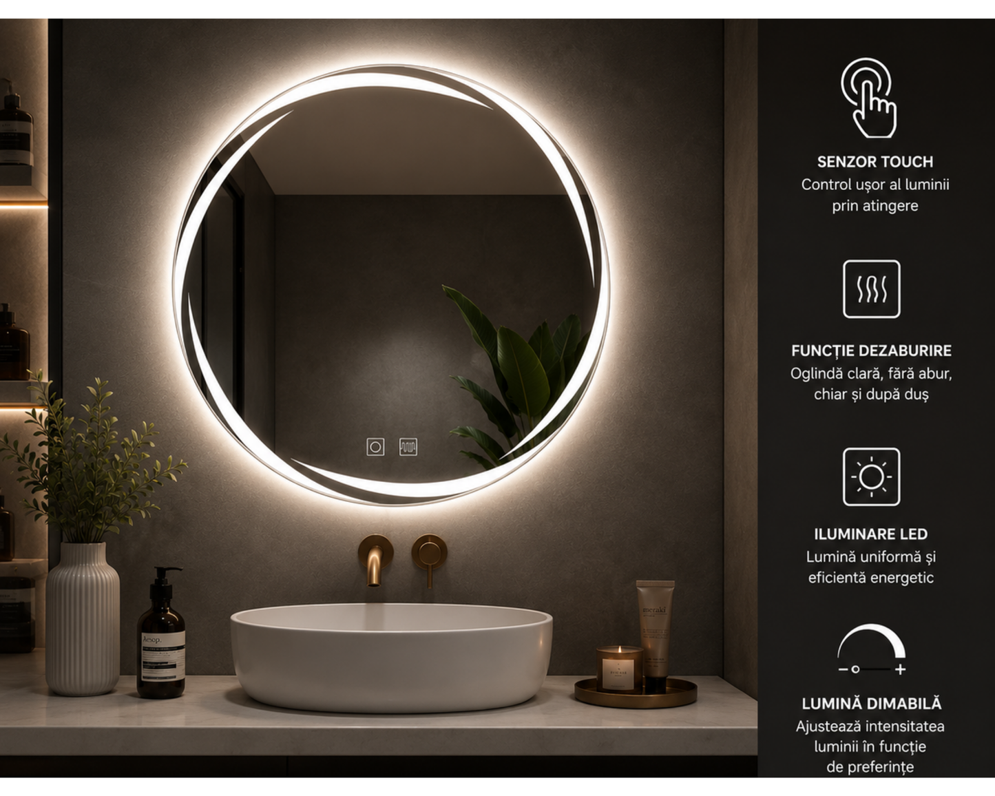 Oglindă LED Rotundă 60x60 cm Spirallus Touch cu Funcție Dezaburire și Iluminare LED Dimabilă