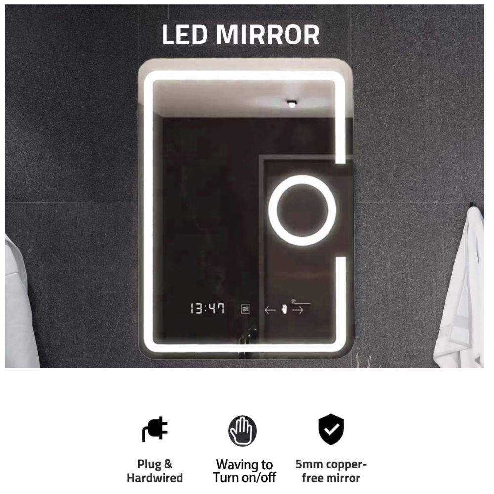 Oglinda LED Dreptunghiulara, cu Functie Dezaburire, Lupa Cosmetica si Sistem Touch, Colectia Marcello Funghi, W05 50x70cm