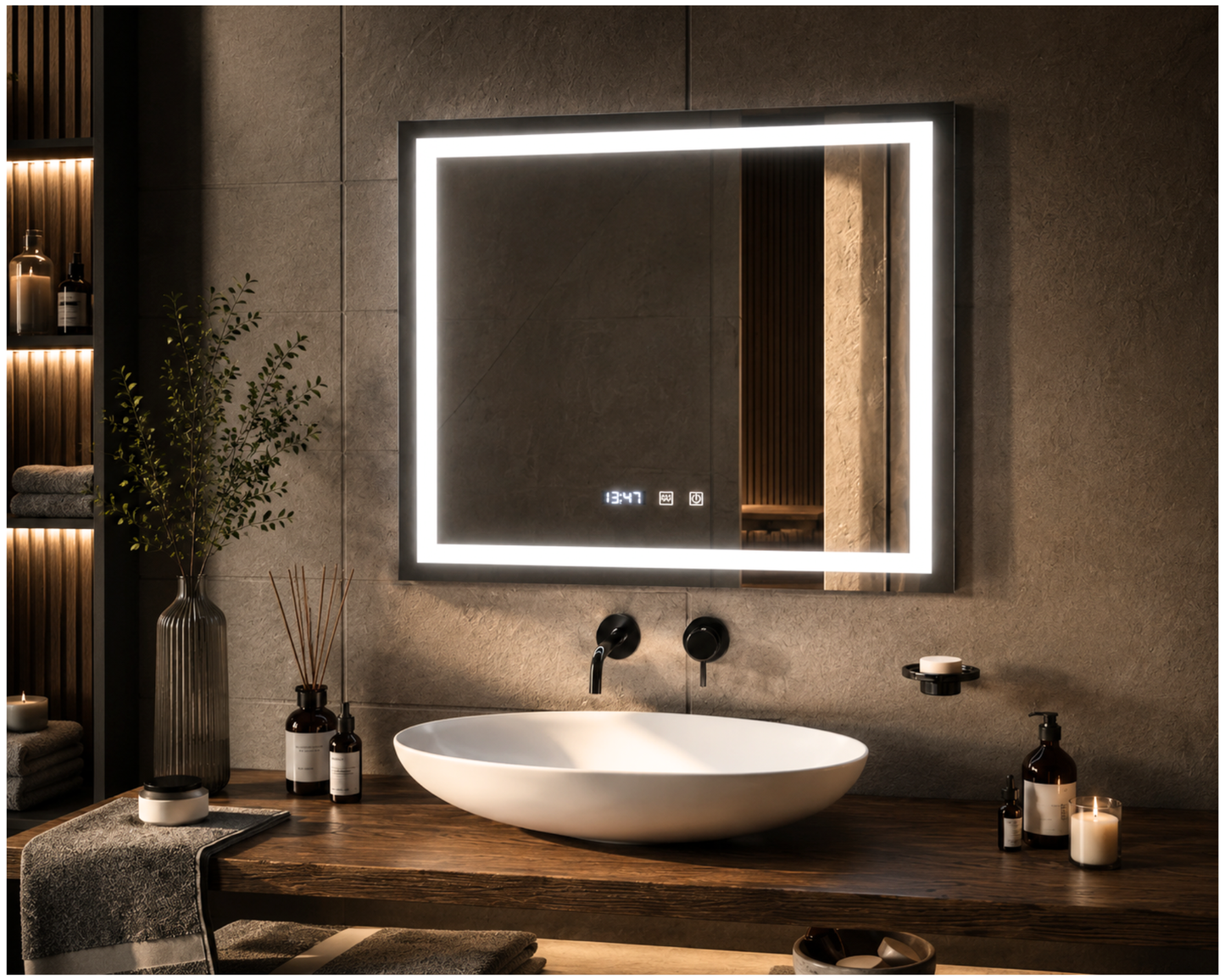 Oglinda Led Dreptunghiulara, cu Functie Dezaburire si Sistem Touch, Ceas si Termometru 80x60 cm