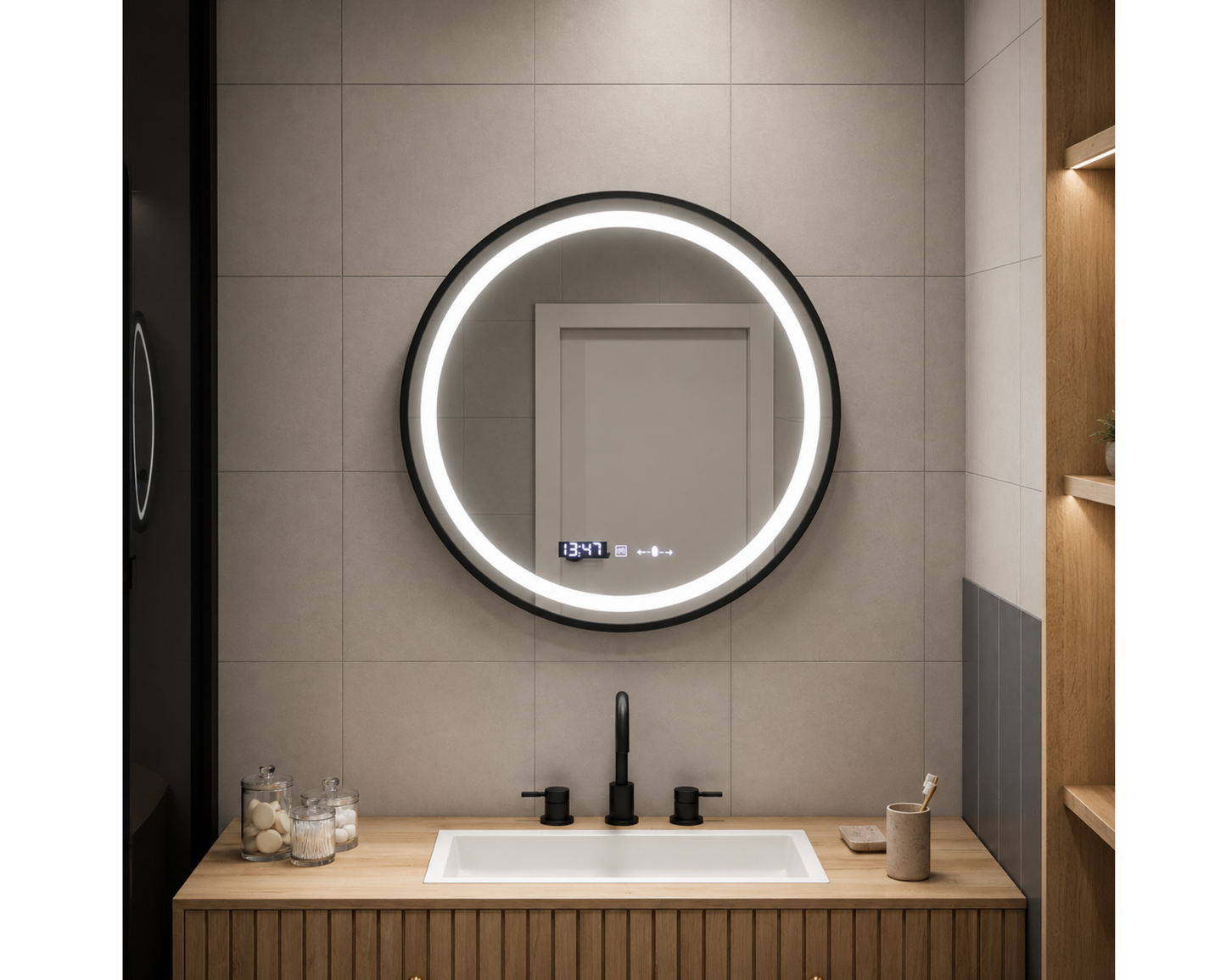 Oglinda LED Colectia Marcello Funghi Rotunda, cu Senzor de Miscare si Sistem Touch, Neagra, model W11/70x70 cm