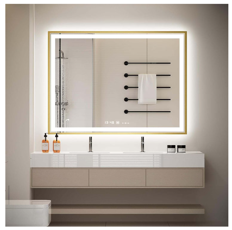 Oglinda LED Colectia Marcello Funghi Dreptunghiulara, cu Functie Dezaburire si Sistem Touch, Rama Aurie, model W10/80x60cm