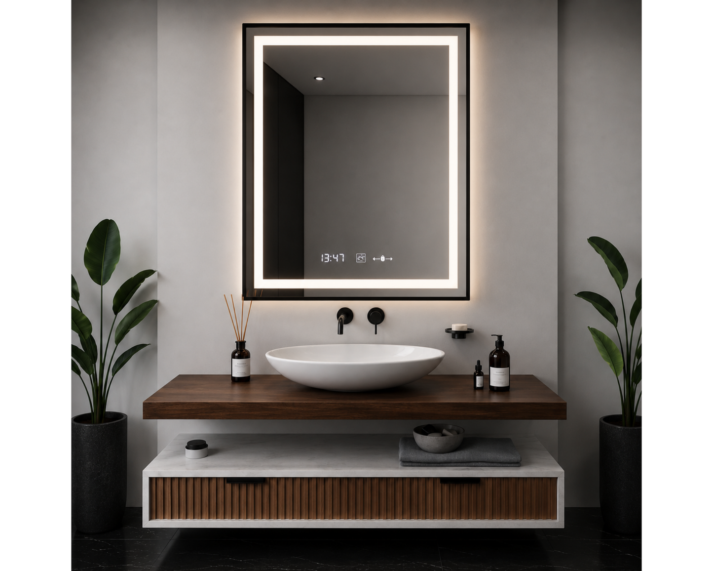 Oglinda LED Dreptunghiulara, cu Functie Dezaburire si Sistem Touch, Neagra, Colectia Marcello Funghi, model W03v 60x80cm
